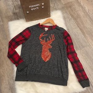 TRUESELF plaid sleeve embellished deer head top.